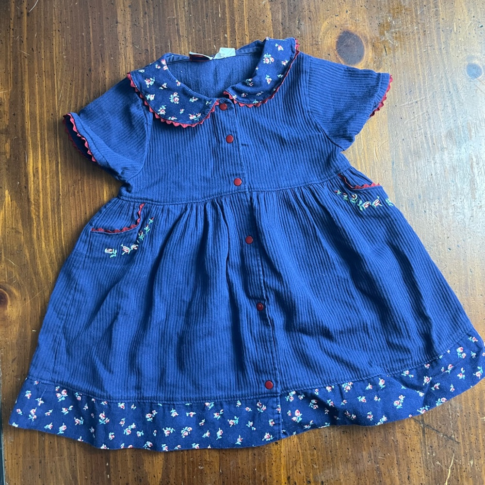 Charming vintage corduroy Blue Floral Kids Dress with Red Accents